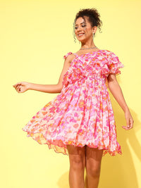 Antheaa Pink & White Print One Shoulder Flared Sleeve Ruffled Chiffon A-Line Dress