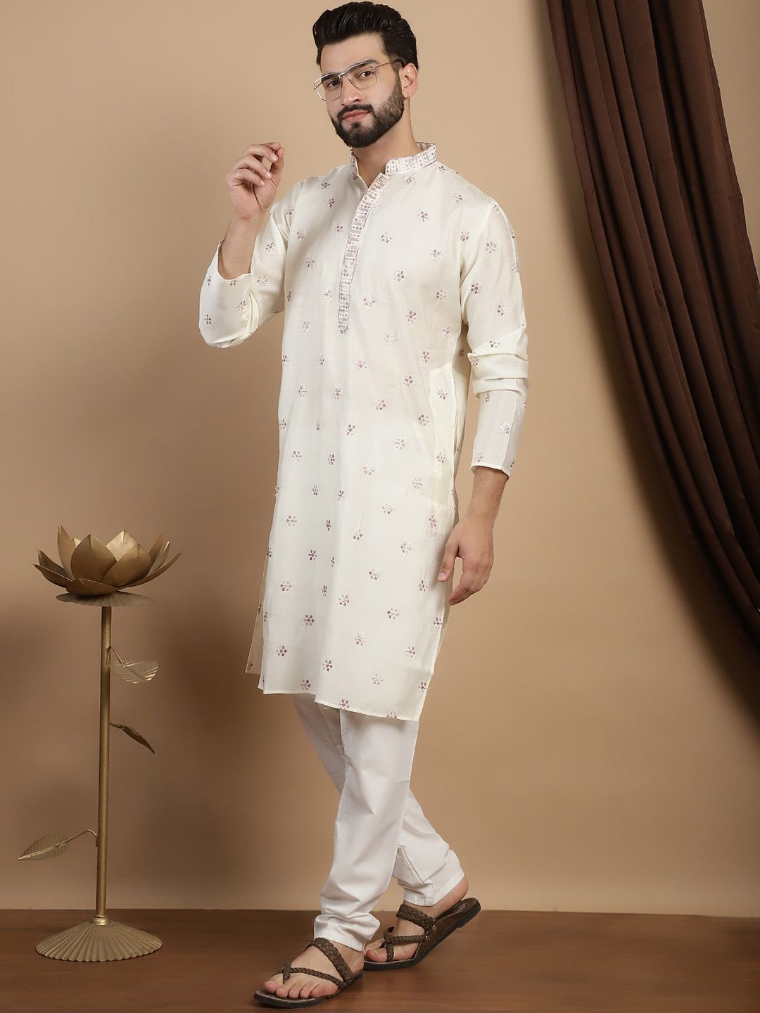 Anouk Embroidered Sequinned Mandarin Collar Long Sleeves Straight Kurta with Churidar