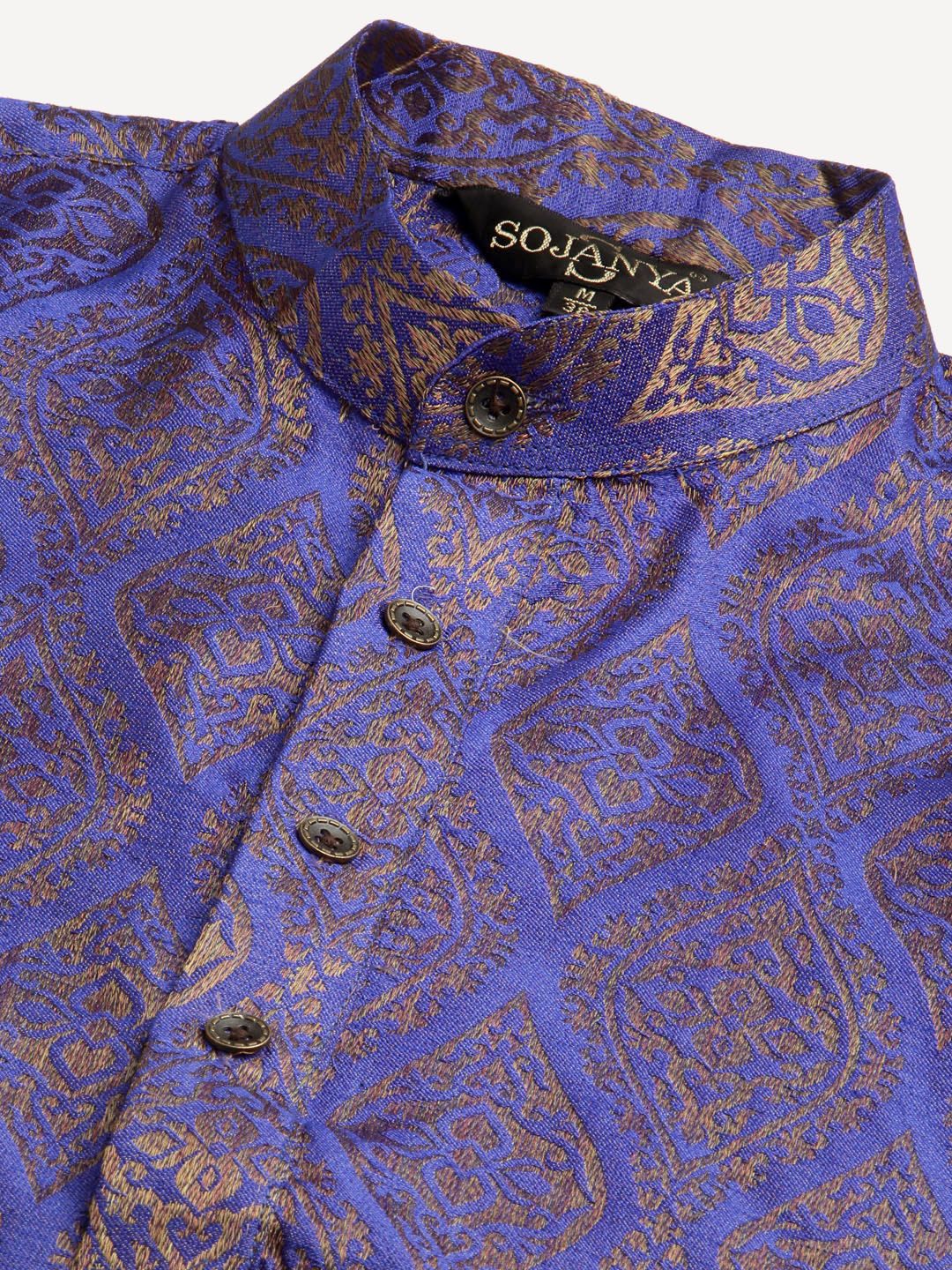 SOJANYA Men Purple Ethnic Motifs Kurta with Churidar & Nehru Jacket
