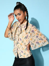 Berrylush Beige & Green Print Tie-Up Neck Georgette Top