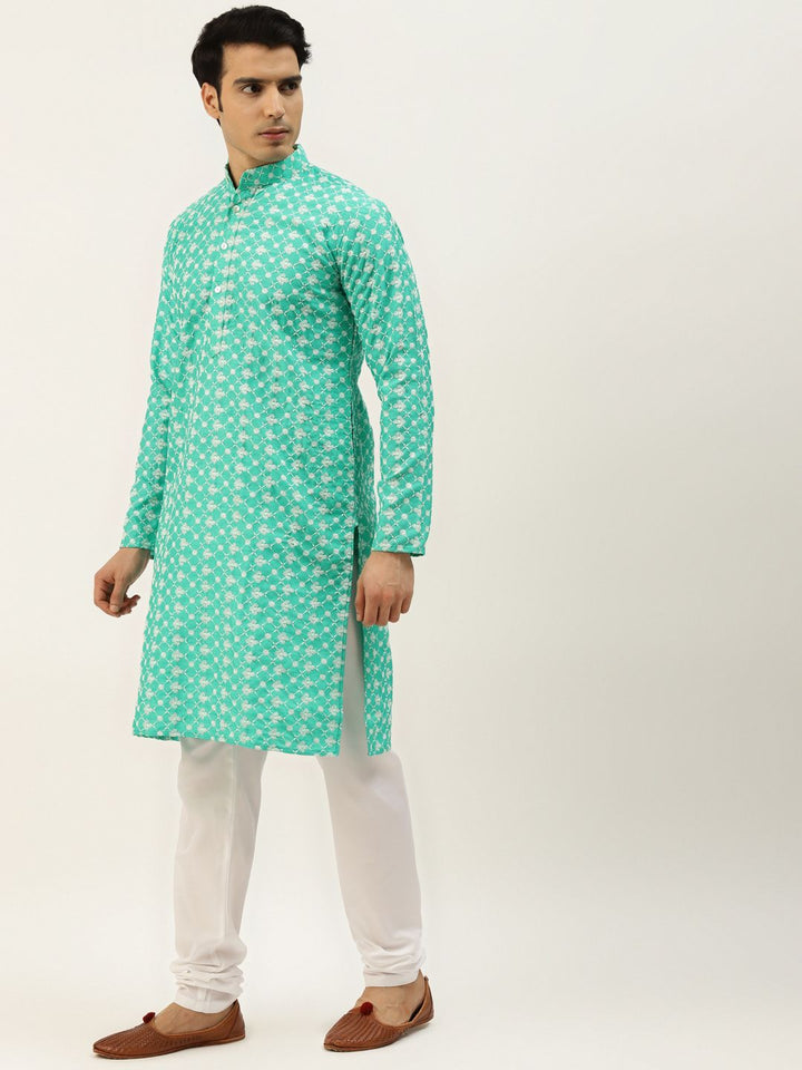 SOJANYA Men Yellow & Green Ethnic Motifs Embroidered Kurta with Churidar