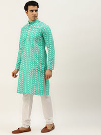 SOJANYA Men Yellow & Green Ethnic Motifs Embroidered Kurta with Churidar
