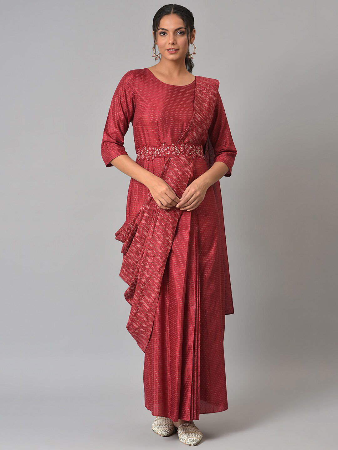 W Satin Maxi Insta Saree Dress with Embroidered Belt