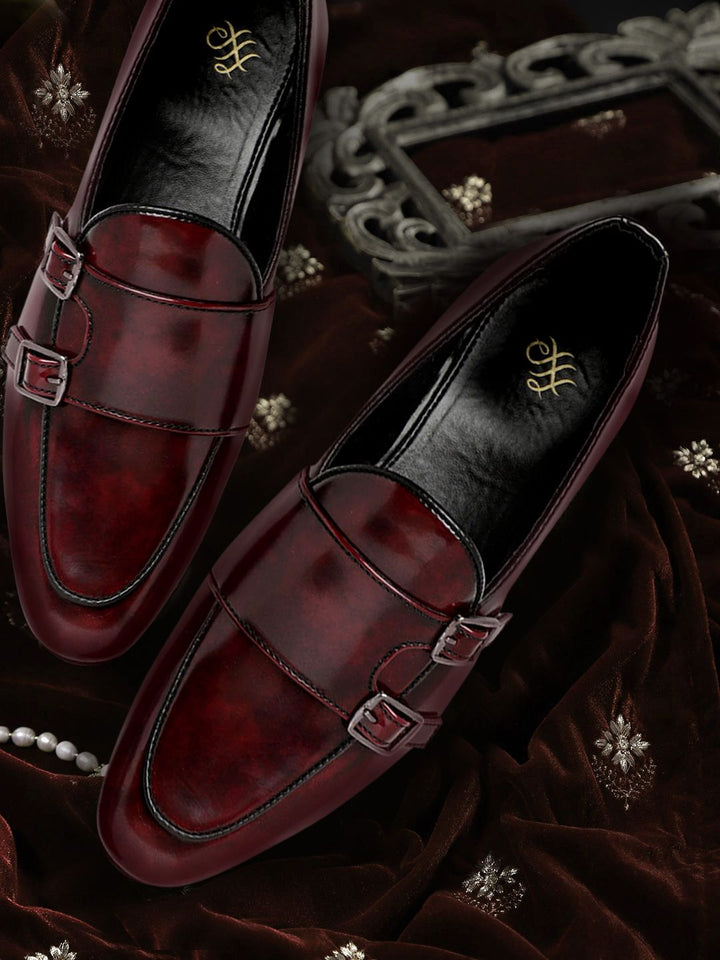 House of Pataudi Men Burgundy Glossy Finish Handcrafted Leather Party Monk Shoes