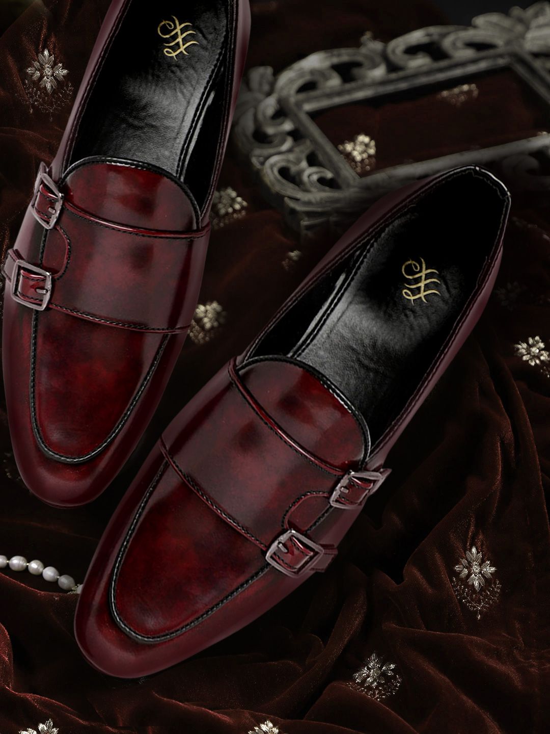 House of Pataudi Men Burgundy Glossy Finish Handcrafted Leather Party Monk Shoes