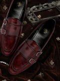 House of Pataudi Men Burgundy Glossy Finish Handcrafted Leather Party Monk Shoes