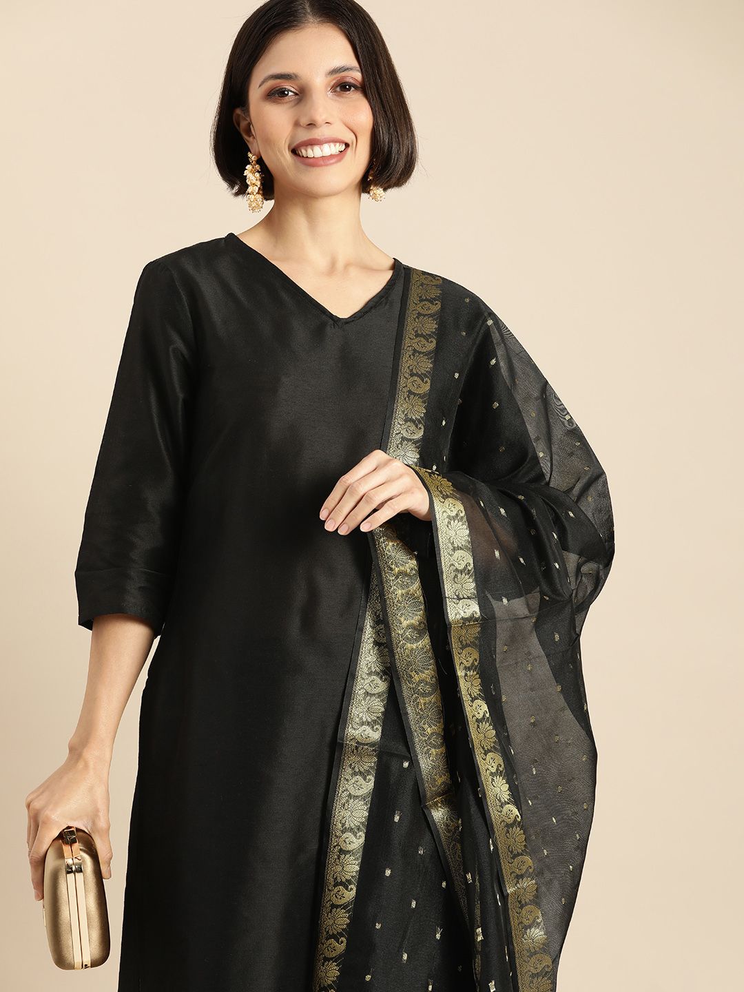 Anouk Women Black Kurta with Trousers & With Dupatta