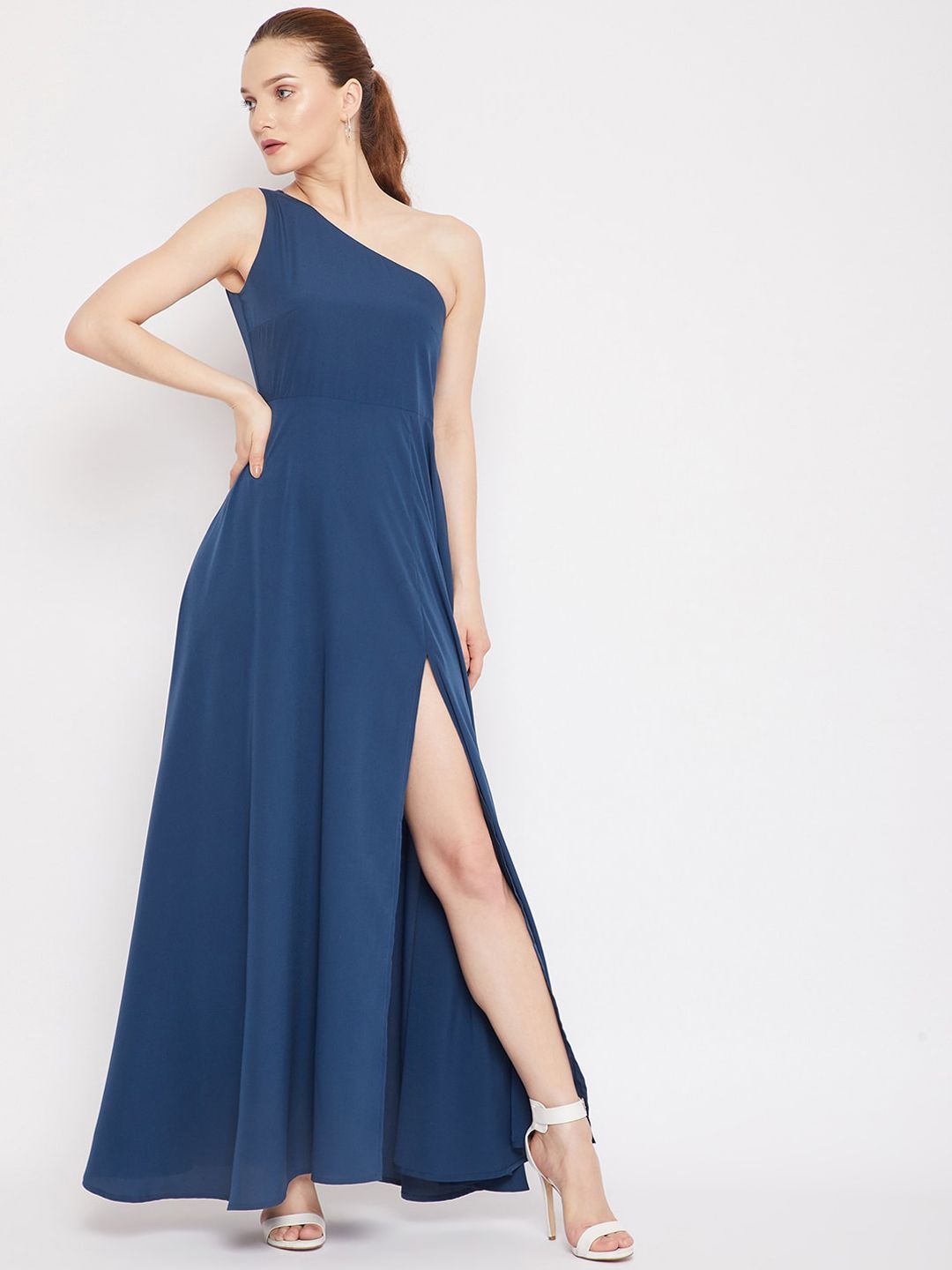 Berrylush Women Blue One Shoulder Crepe Maxi Dress
