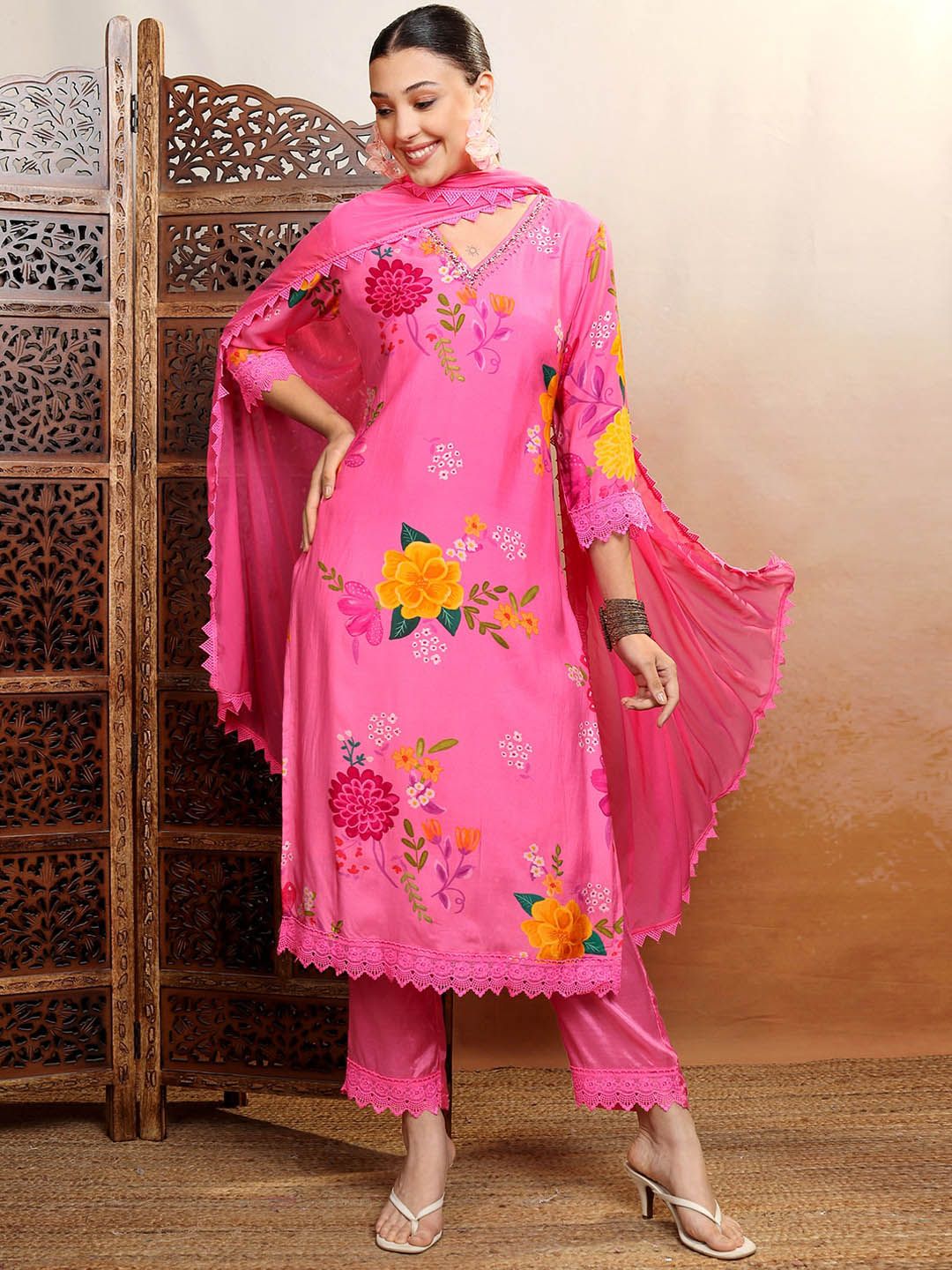Vishudh Pink Floral Printed Gotta Patti Straight Kurta With Trousers & Dupatta