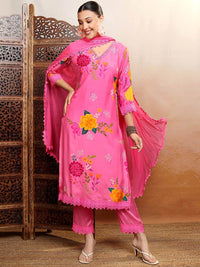 Vishudh Pink Floral Printed Gotta Patti Straight Kurta With Trousers & Dupatta
