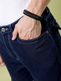 The Indian Garage Co Men Wide Leg Contrast Stitch Mid-Rise Cotton Cargo Jeans