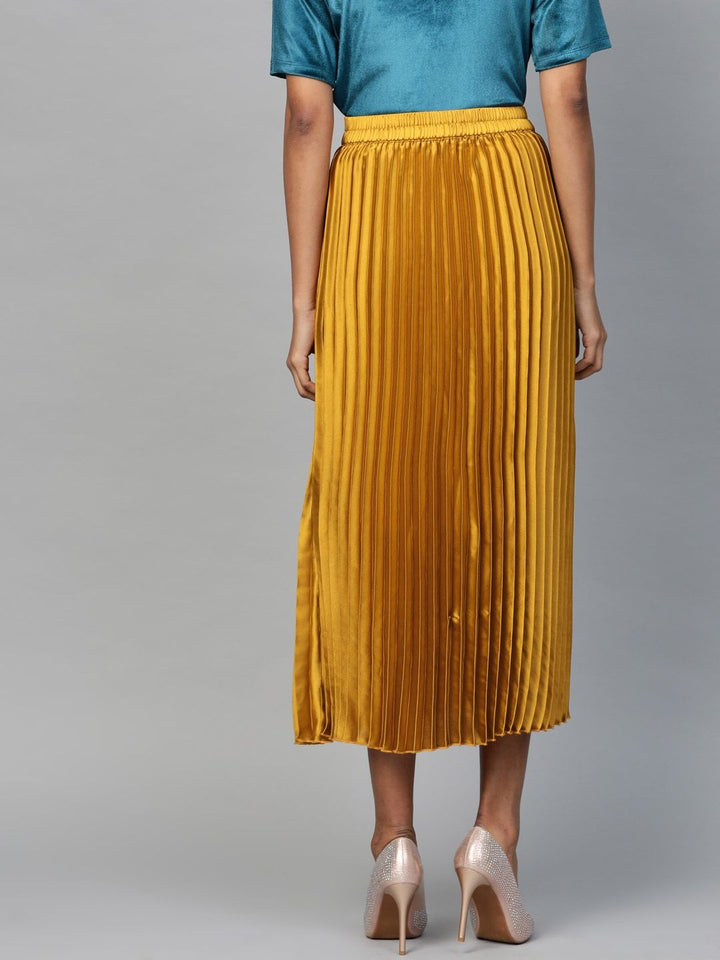 SASSAFRAS Mustard Yellow Accordion Pleated Satin Finish Flared Midi Skirt