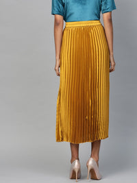 SASSAFRAS Mustard Yellow Accordion Pleated Satin Finish Flared Midi Skirt