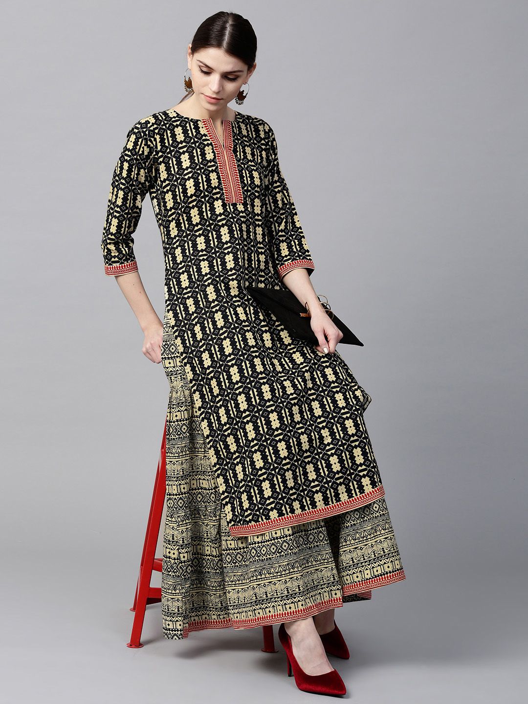 Gerua By Libas Women Cream-Coloured  Black Printed Kurta with Skirt