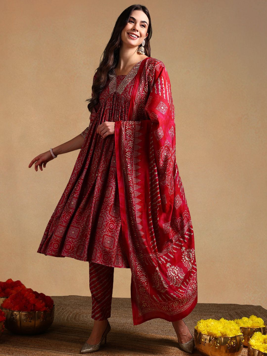 KALINI Ethnic Motifs Printed Zari Empire Anarkali Kurta with Trousers & With Dupatta