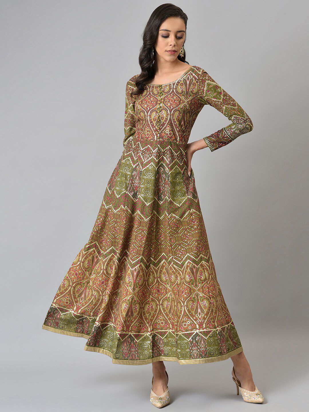 W Red & Green Ethnic Motifs Chiffon Ethnic Maxi Dress