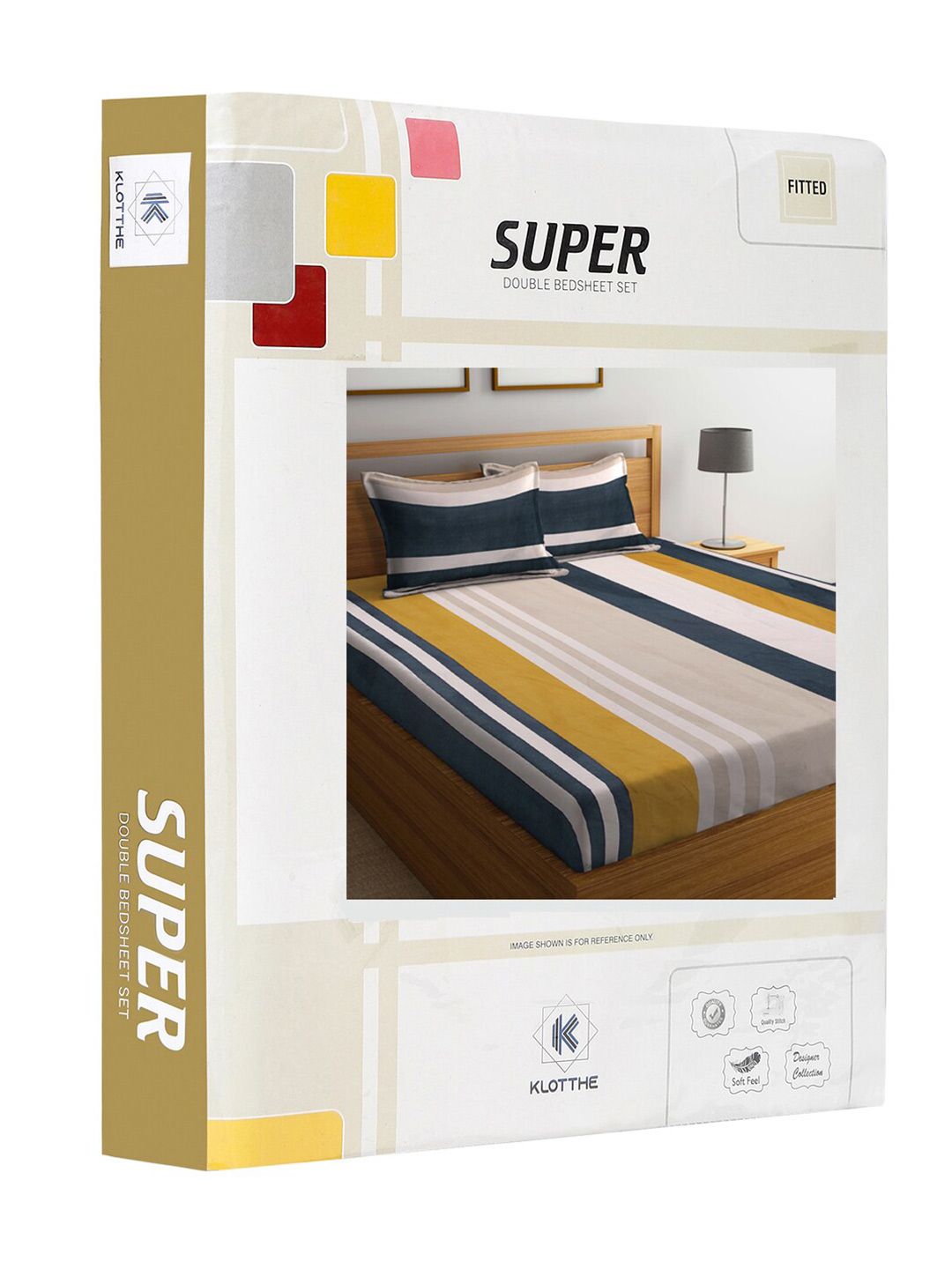KLOTTHE Beige & Blue Striped 300 TC Fitted Super King Double Bedsheet With 2 Pillow Covers