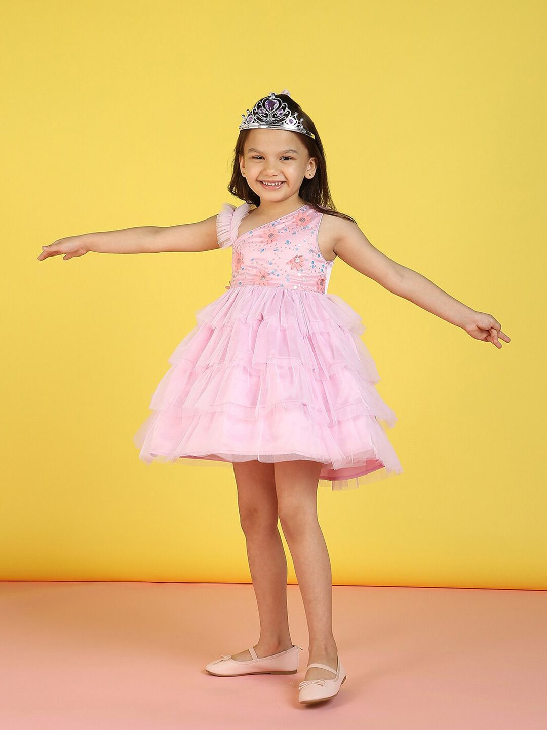 Nauti Nati Girls Embellished One Shoulder Sequined Net Fit & Flare Dress