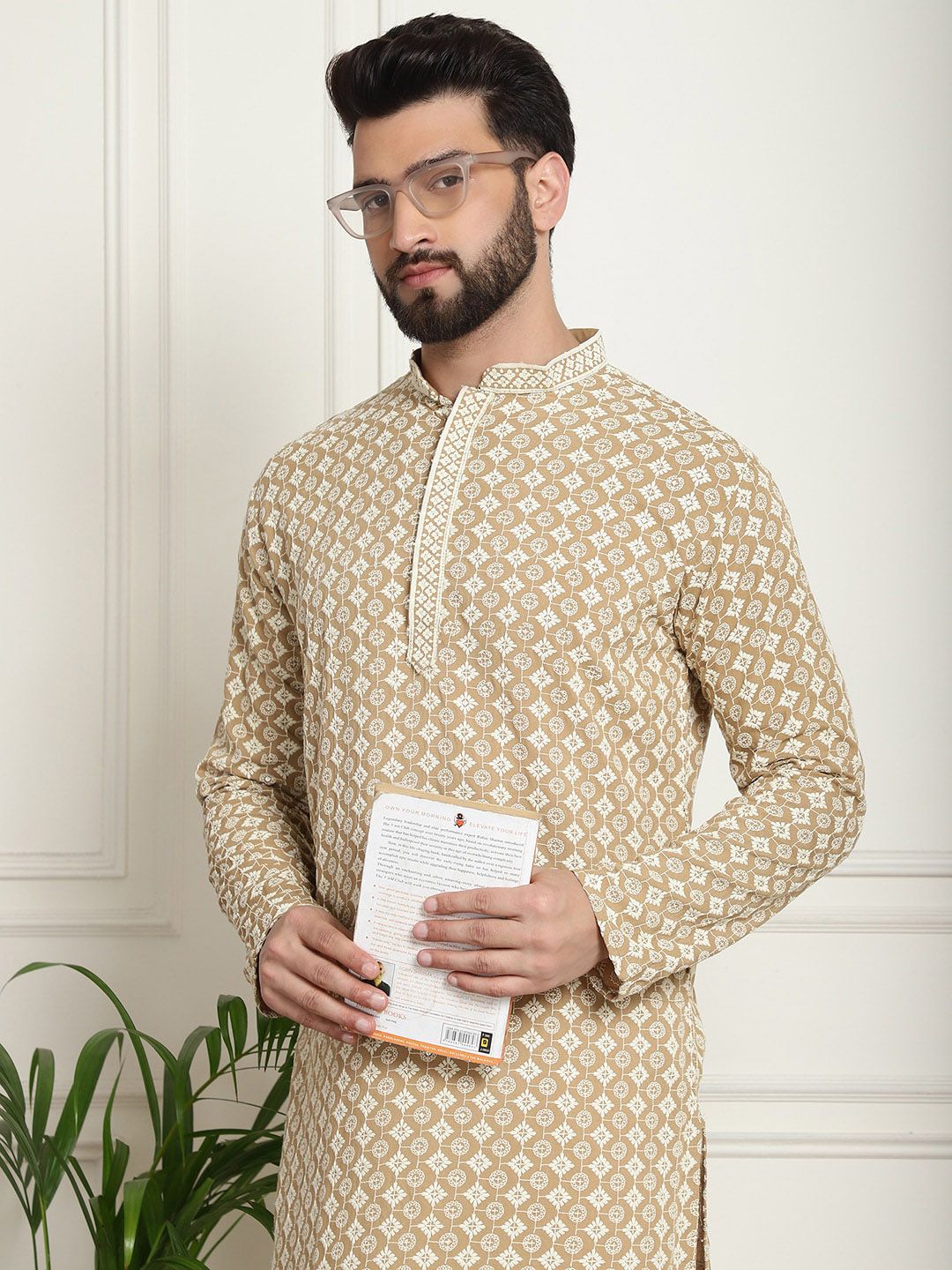 SOJANYA Set Kurta Kapas Tulen Bersulam Bunga Lengan Panjang Benang Kerja