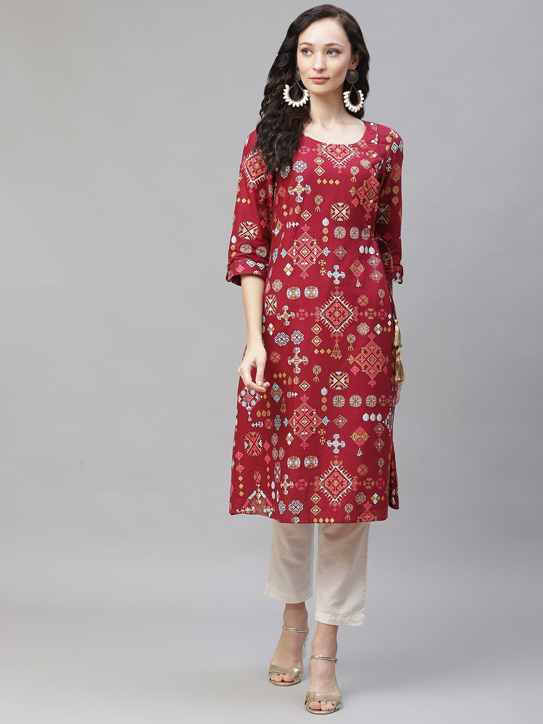 AURELIA Women Maroon & Golden Ethnic Motifs Print Angrakha A-line Kurta