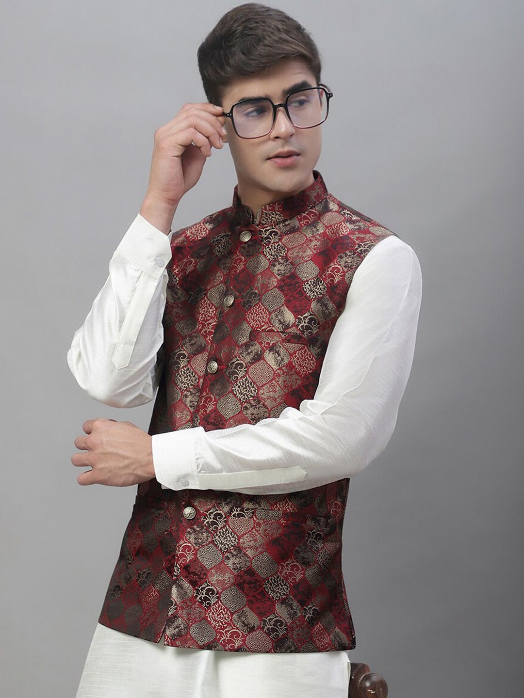 Anouk Men Maroon Woven Design Nehru Jacket