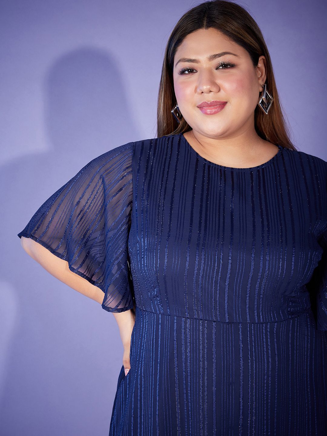 SASSAFRAS Curve Plus Size Navy Blue Self Design Flared Sleeves Fit & Flare Midi Dress