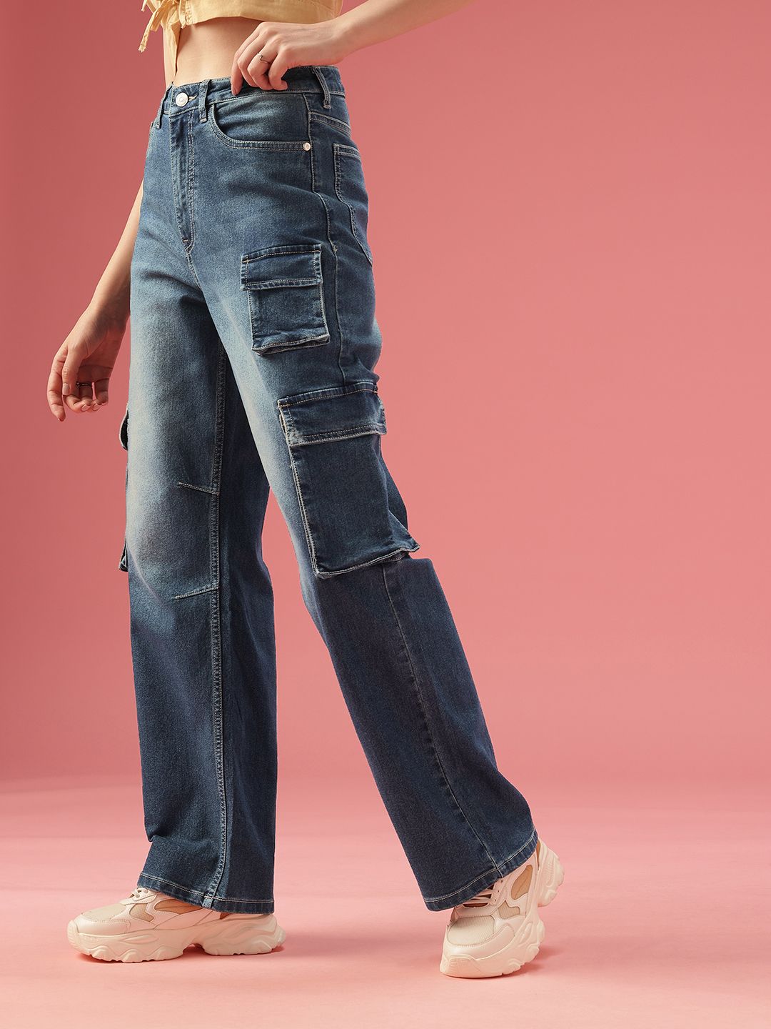 DressBerry Women Baggy Wide High-Rise Heavy Fade Stretchable Jeans
