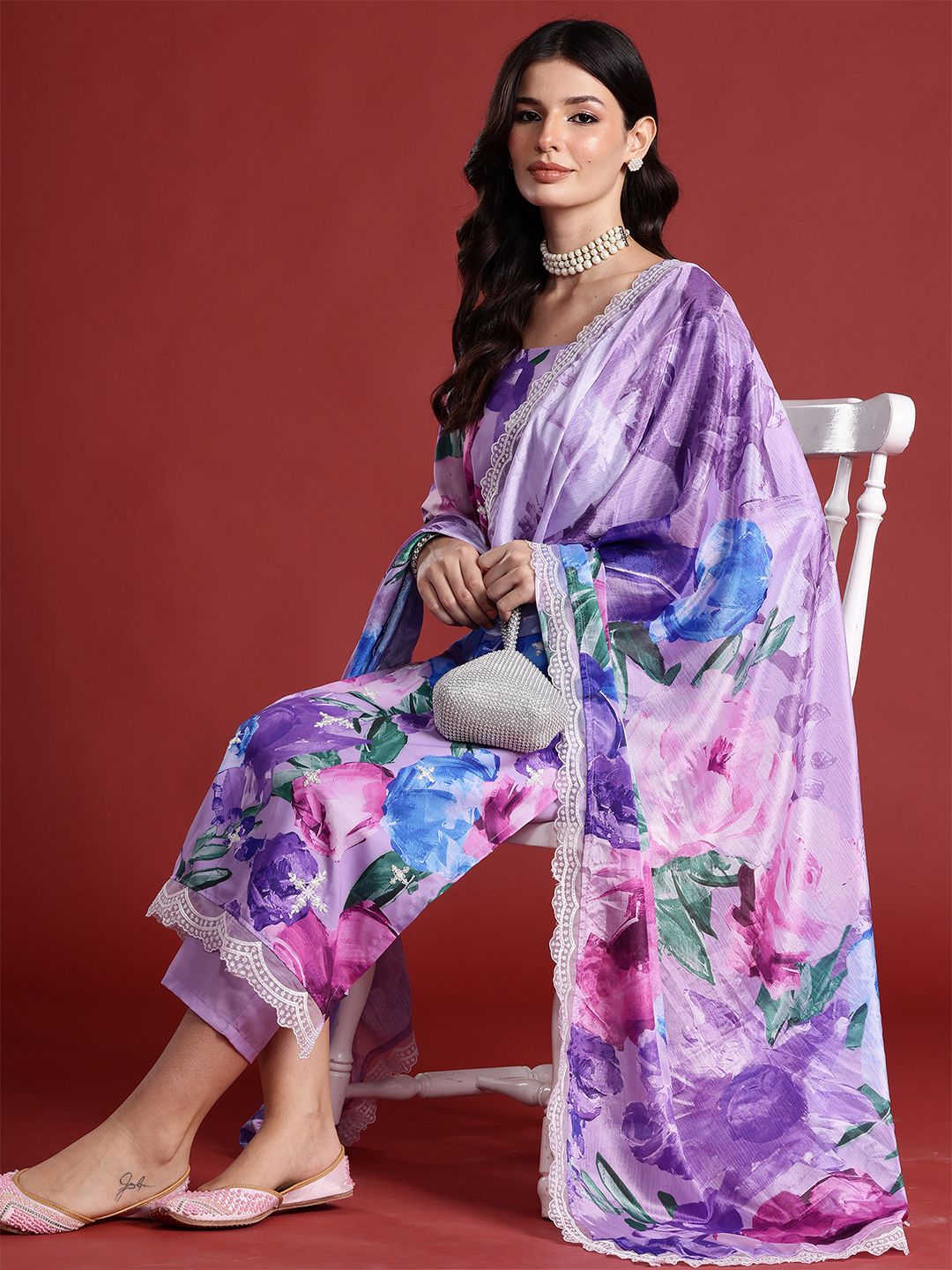 Indo Era Floral Printed Thread Work Kurta with Trousers & Dupatta