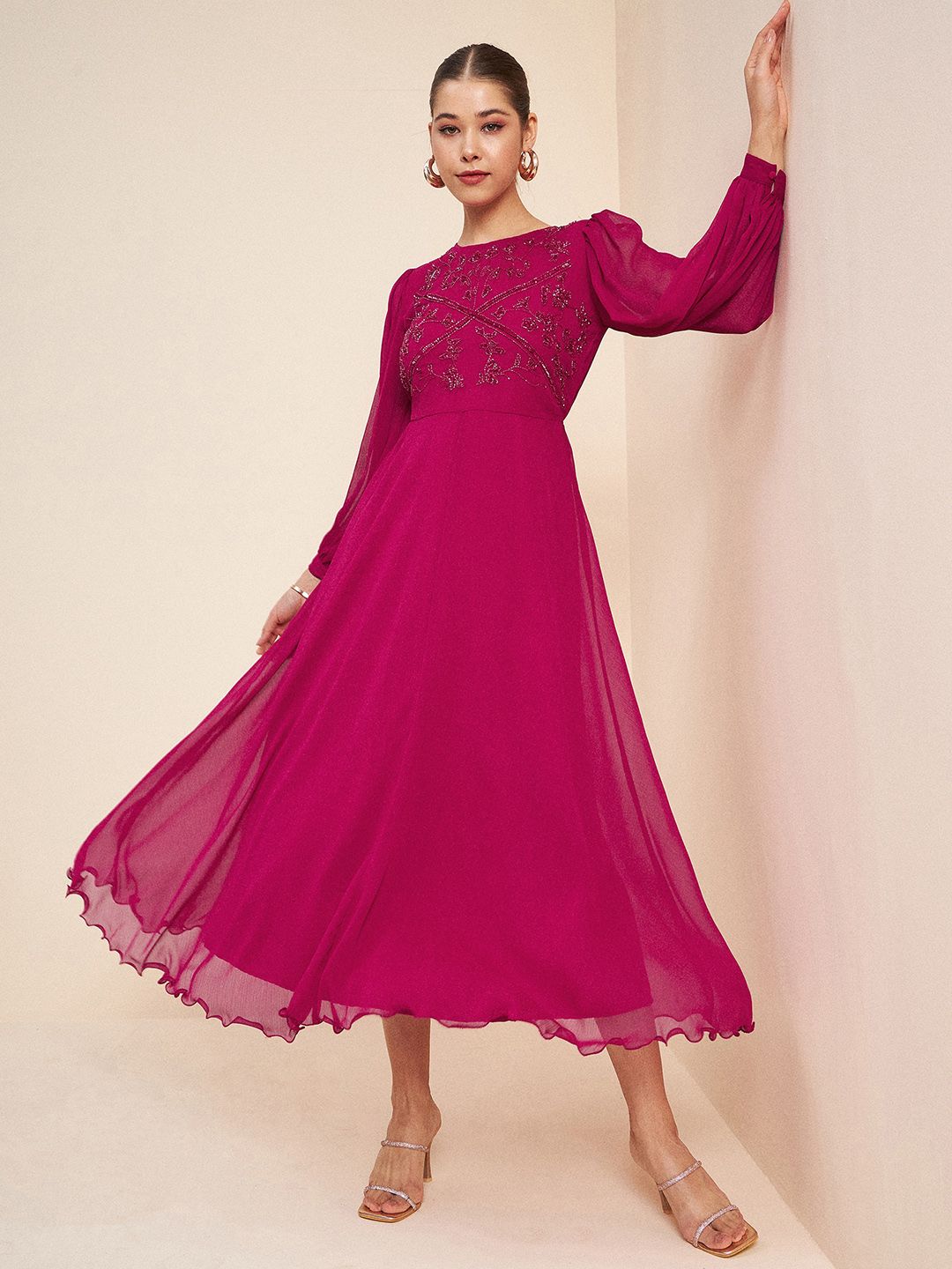 Antheaa Pink Puff Sleeve Embellished Detail Fit & Flare Dress