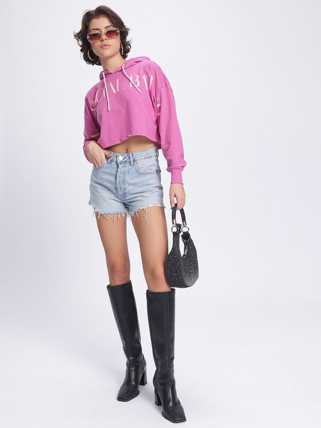 DressBerry Printed Cropped Boxy Hooded Sweatshirt