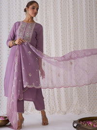 Indo Era Floral Embroidered Round Neck Thread Work Kurta with Trousers & Dupatta