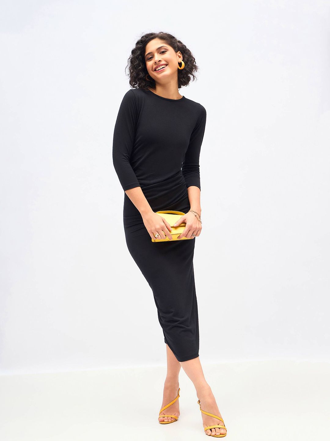 SASSAFRAS Black Waist Ruched Bodycon Midi Dress