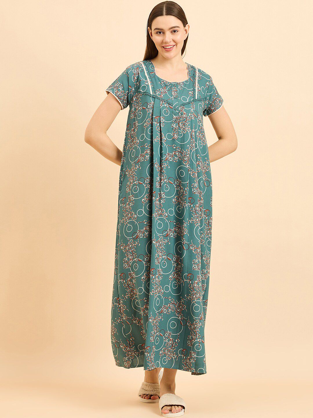 Sweet Dreams Green Pure Cotton Printed Maxi Nightdress