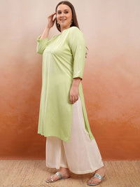 Vishudh Plus Size Green Floral Yoke Design Thread Work Straight Kurta