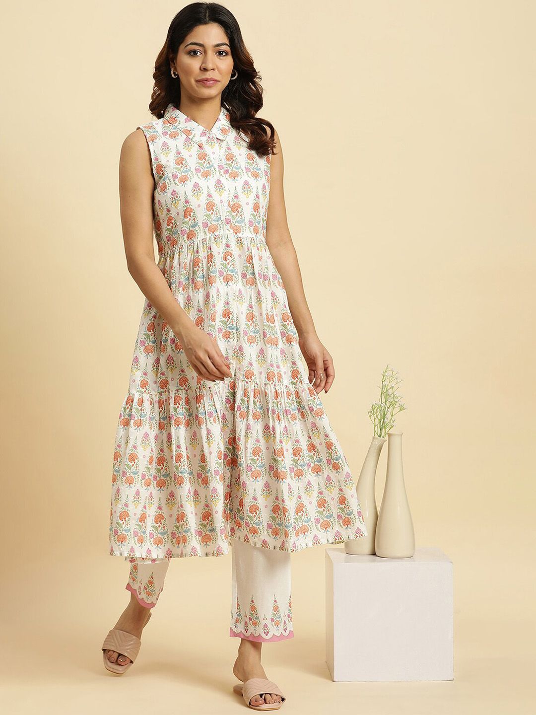 W Floral Printed Shirt Collar Pure Cotton Anarkali Kurta with Trousers