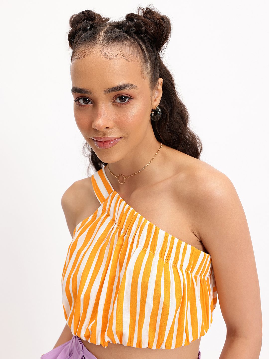 DressBerry Striped One-Shoulder Cinched waist Crop Top