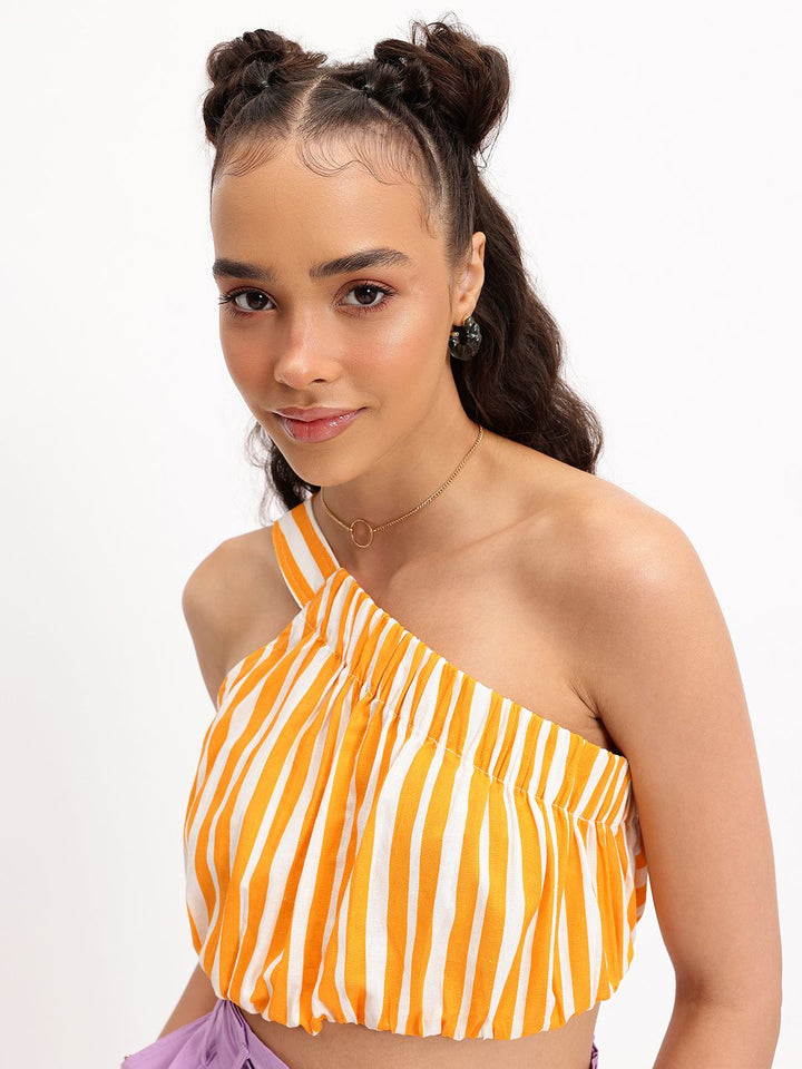 DressBerry Striped One-Shoulder Cinched waist Crop Top