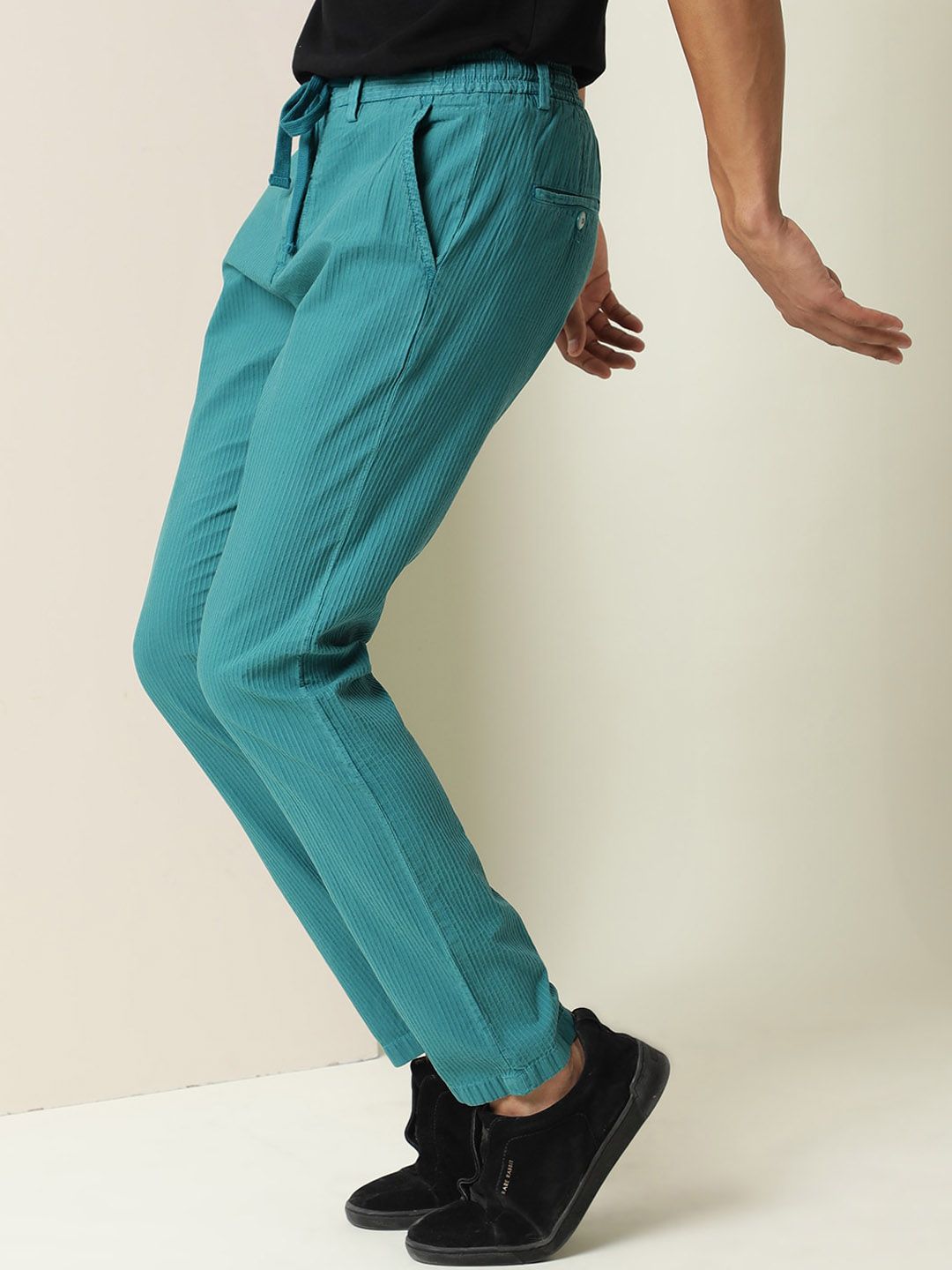 RARE RABBIT Men Slim Fit Textured Pure Cotton Trousers