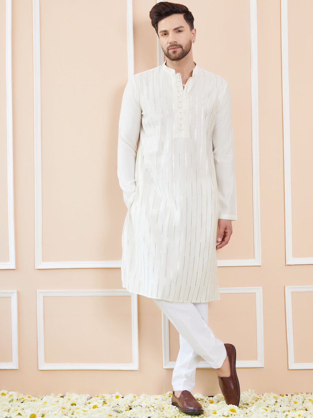 See Designs Mandarin Collar Striped Thread Work Chanderi Silk Straight Kurta