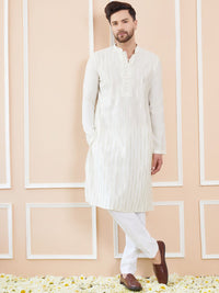 See Designs Mandarin Collar Striped Thread Work Chanderi Silk Straight Kurta
