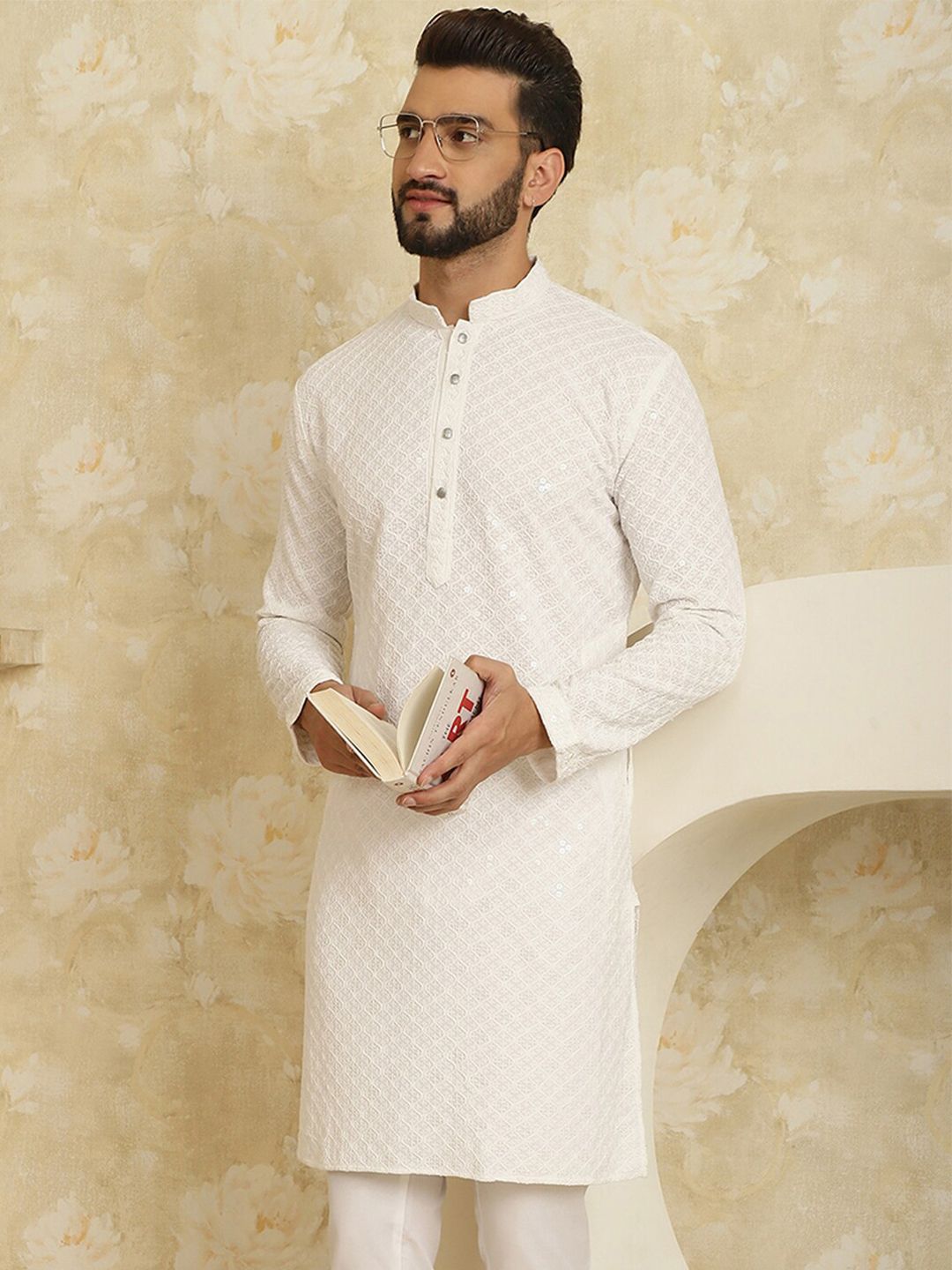 SOJANYA Kurta Lurus Kolar Mandarin Sulam Geometrik Kapas Tulen