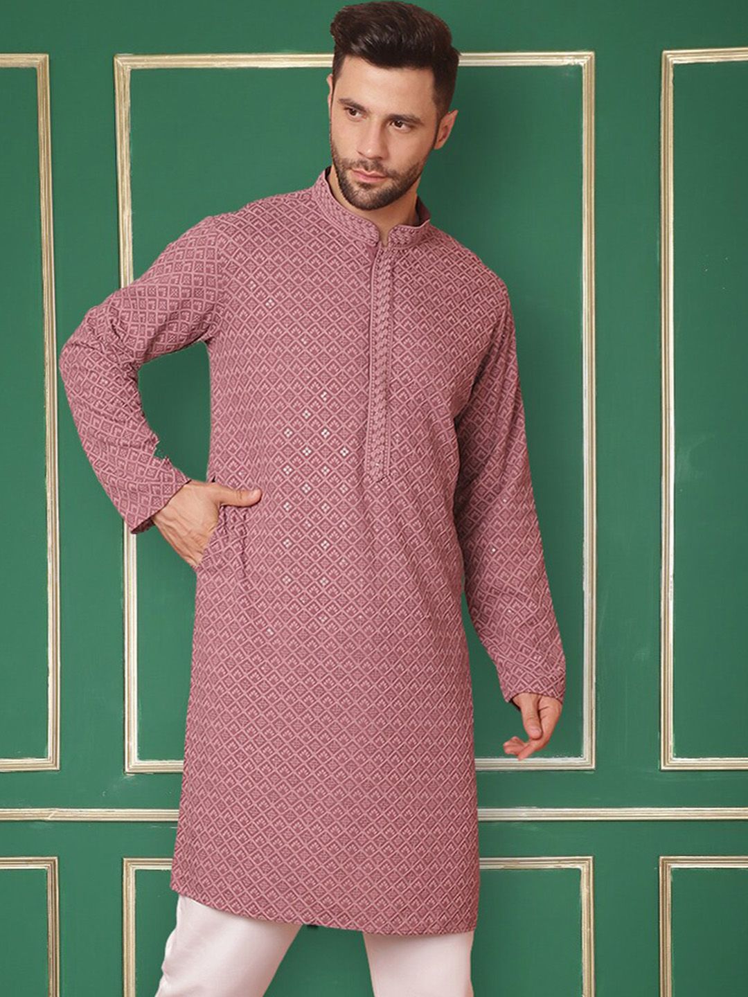 Jompers Geometric Embroidered Mandarin Collar Sequins Straight Kurta