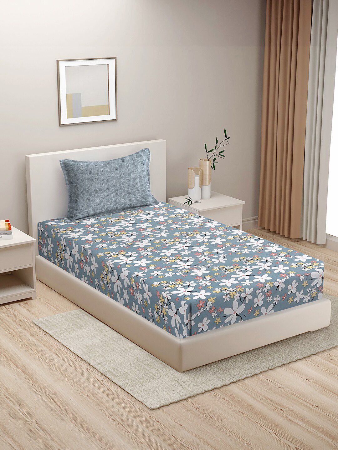 HOSTA HOMES Grey & White Floral 210 TC Cotton Flat Single Bedsheet With 1 Pillow Cover