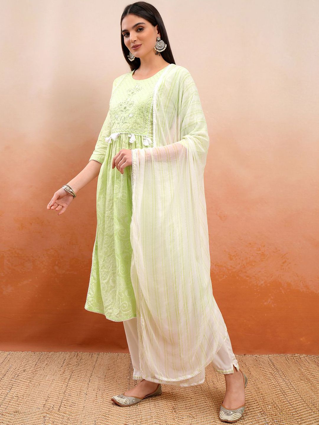Vishudh Green Floral Printed Thread Work Pure Cotton A-Line Kurta With Trousers & Dupatta