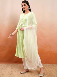 Vishudh Green Floral Printed Thread Work Pure Cotton A-Line Kurta With Trousers & Dupatta