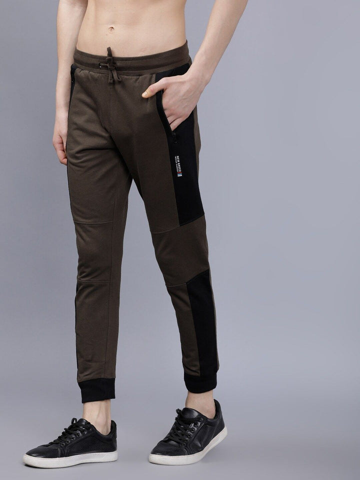 The Indian Garage Co Men Olive-Green & Black Colourblocked Slim-Fit Joggers