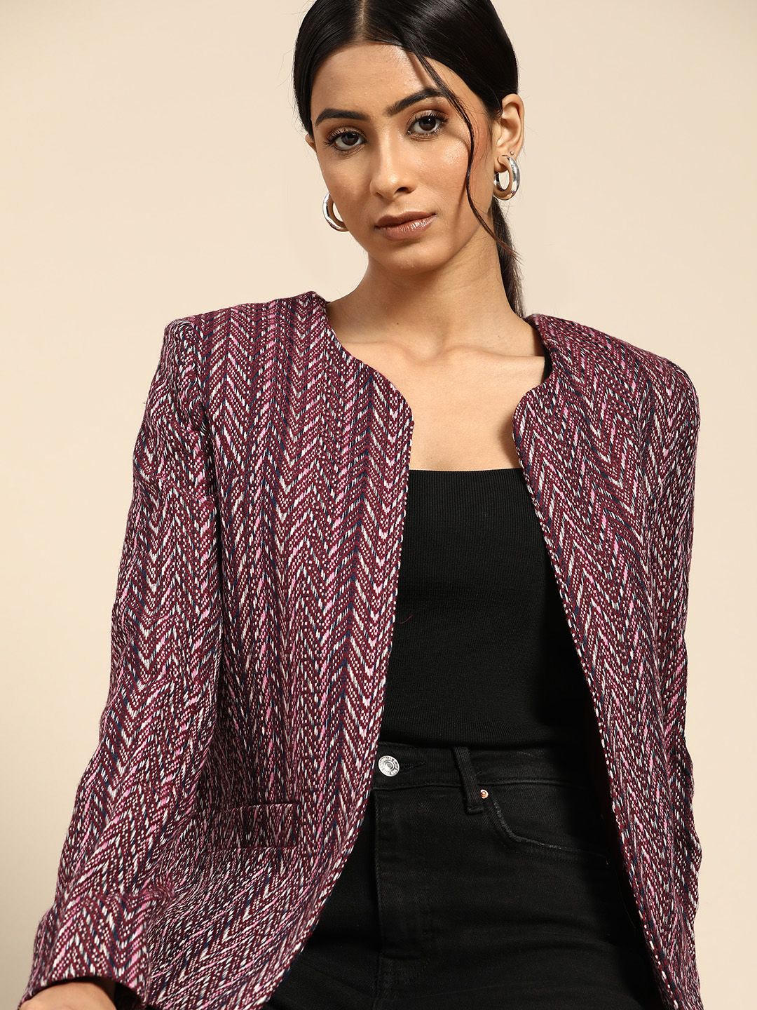 all about you Women Maroon Navy Blue Striped Open Front Jacket