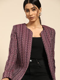 all about you Women Maroon Navy Blue Striped Open Front Jacket