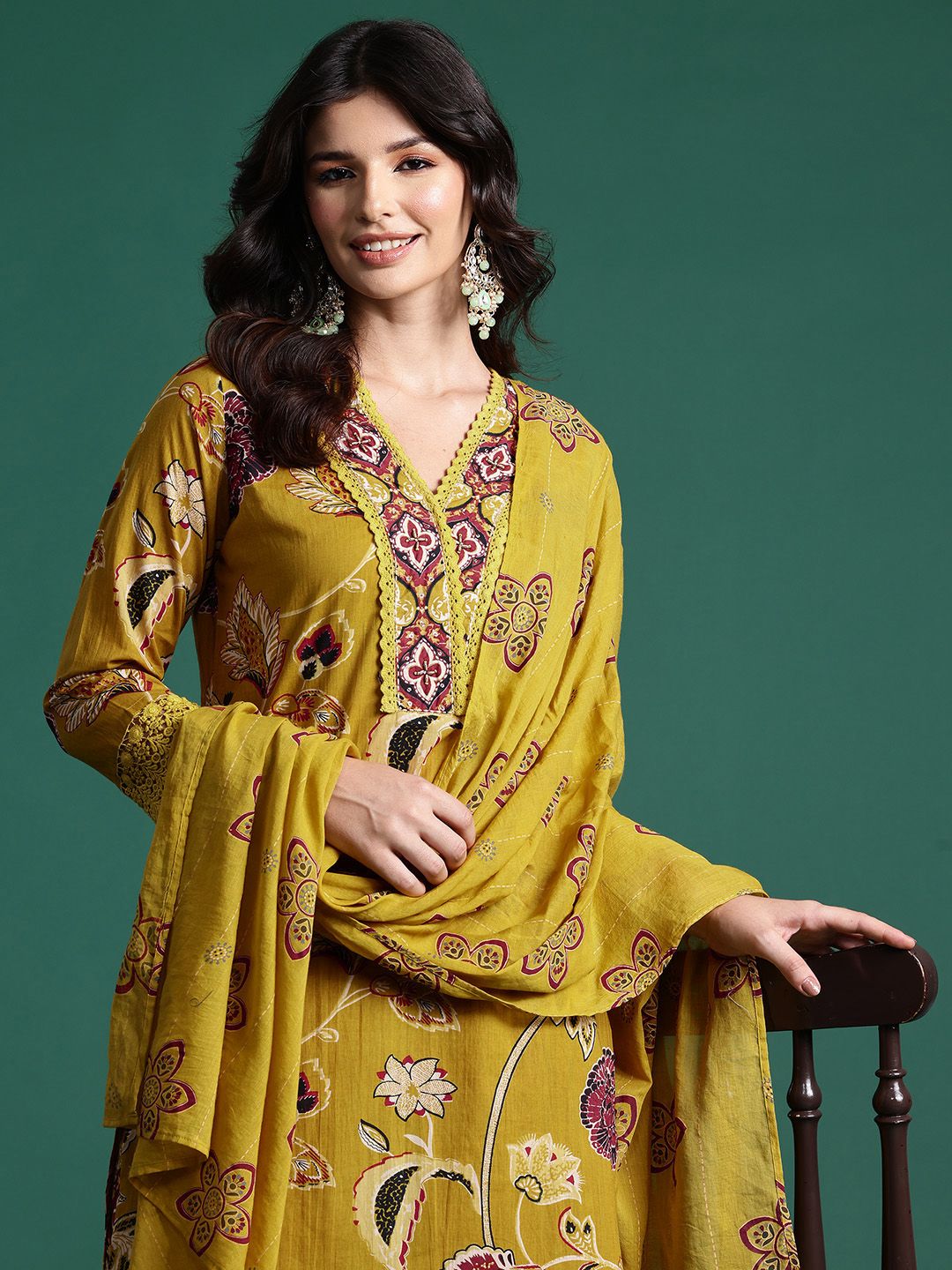Indo Era Ethnic Motifs Printed Sequinned Pure Cotton Kurta With Trousers & Dupatta