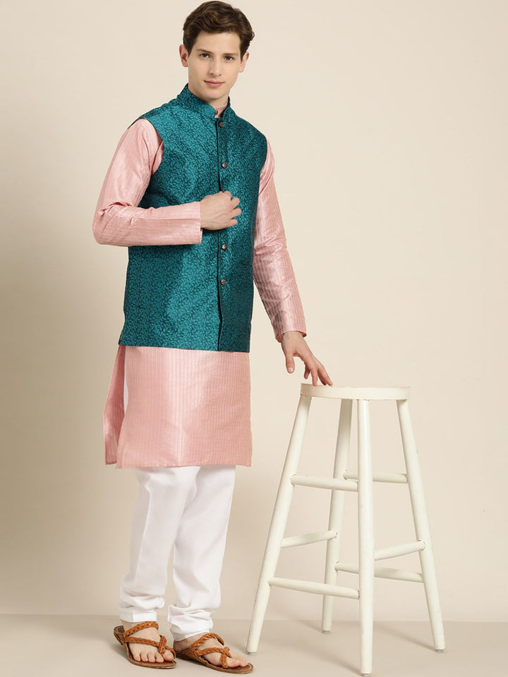 SOJANYA Men Pink & Beige Striped Thread Work Straight Kurta Churidar Nehru Jacket